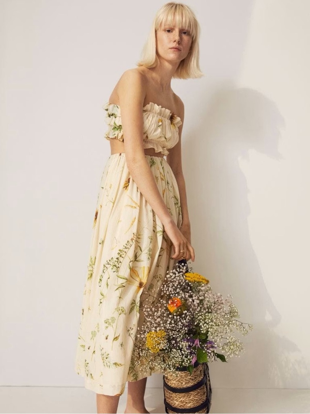 H&M White Floral Midi Skirt with Yellow Wildflower Print